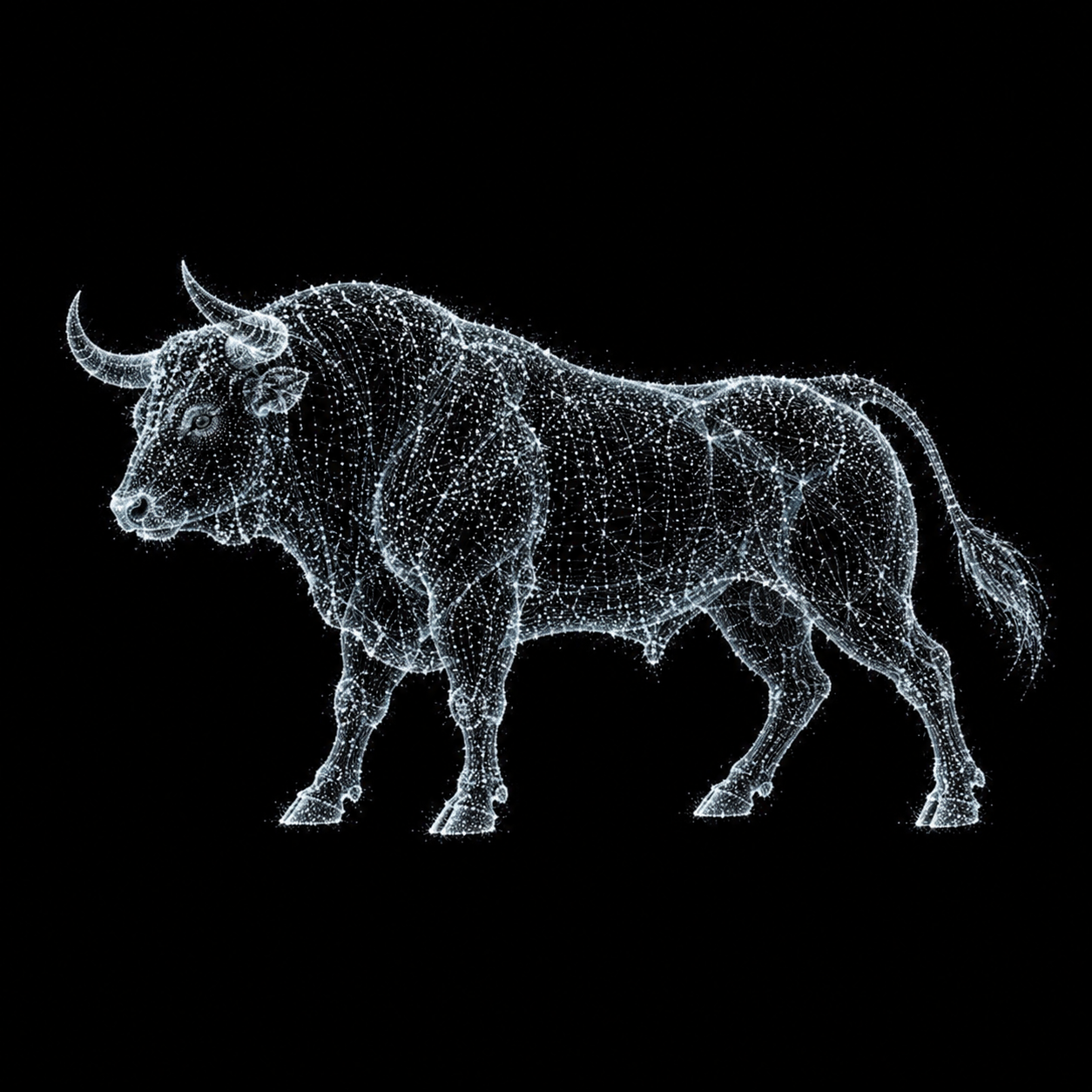 A luminous bull formed from thousands of connected white particles